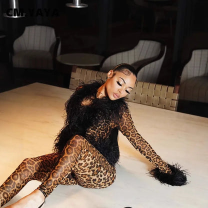 CM.YAYA Fashion Mesh See Though Women's Set Feather Side Long Sleeve Crop Top and Legging Pants  Sexy Two 2Piece Sets Outfit