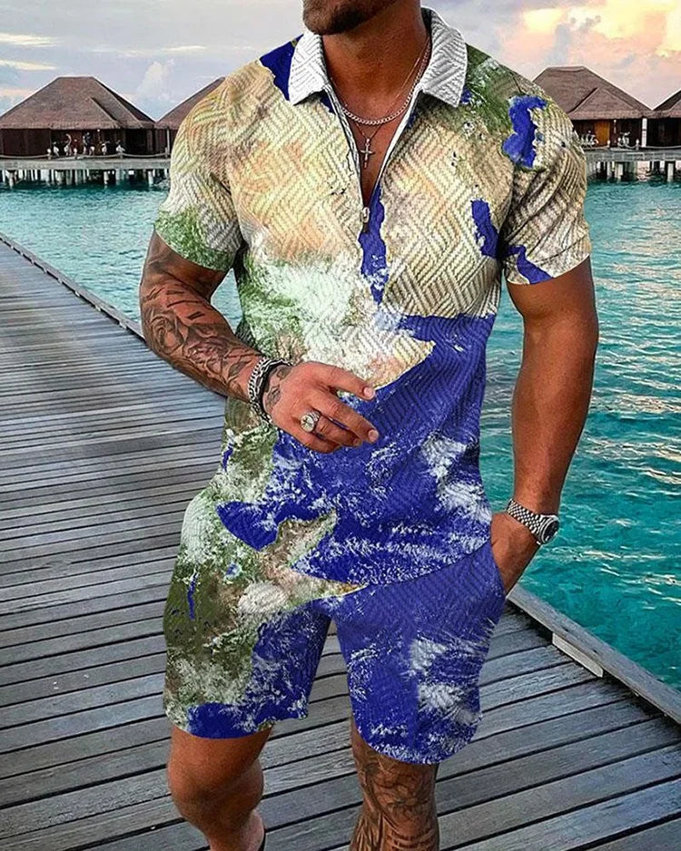 Summer New Trend Men's Tracksuit Casual Zipper Collar 3d Print Polo Shirt Suit 2 Pcs Set Colorful Streetwear Clothing Oversize