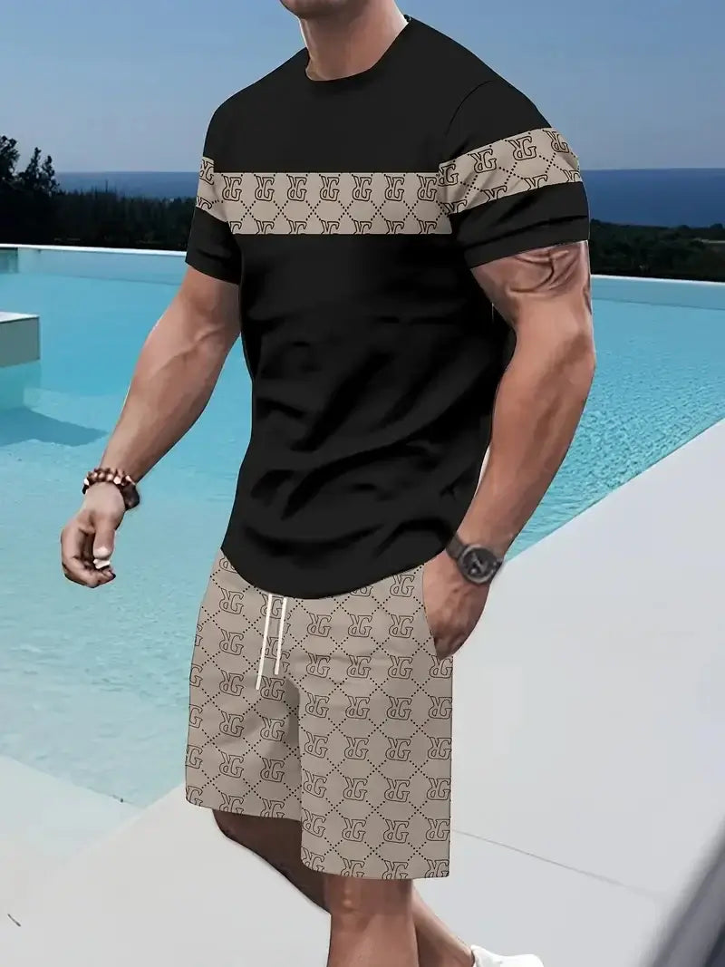 Denim Grafik T-Shirt und Shorts 2-teiliges Set 2025 Übergrößen Herrenbekleidung Lässige Loose Shorts mit Kordelzug in der Taille Kurzarm-Oberteil