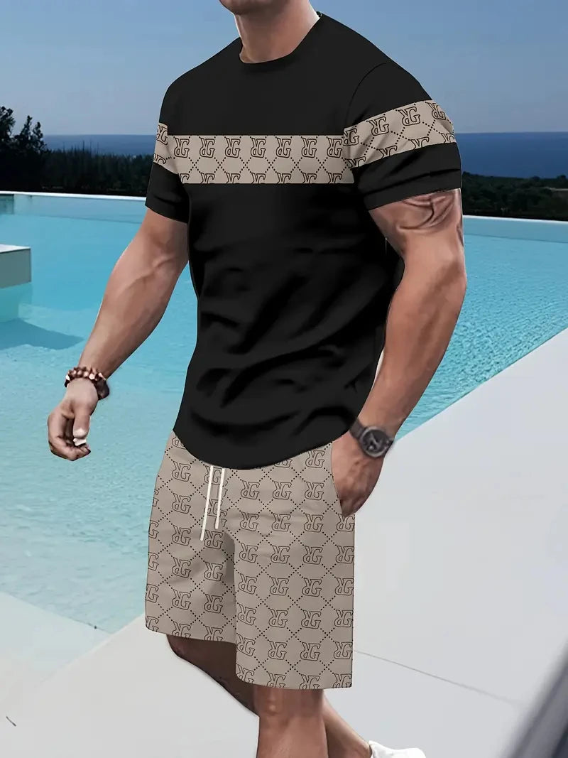 Denim Graphic T-shirt And Shorts 2-piece Set 2025 Plus Size Men's Clothing Casual Loose Drawstring Waist Shorts Short Sleeve Top