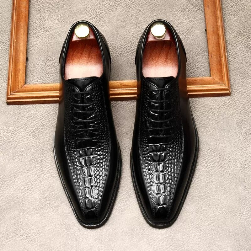 Crocodile Pattern Genuine Leather Mens Fashion Business Office Dress Shoes Italian Black Square Toe lace up Formal Oxfords Shoe