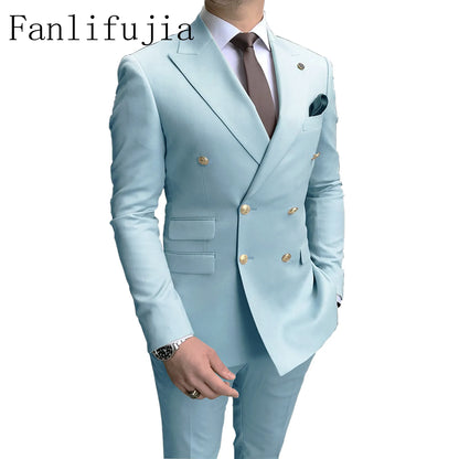Fanlifujia Store  Casual Sky Blue Men Suits Double Brested Peak Lapel  Gold Button Groom Wedding Tuxedos Best Costume Homme