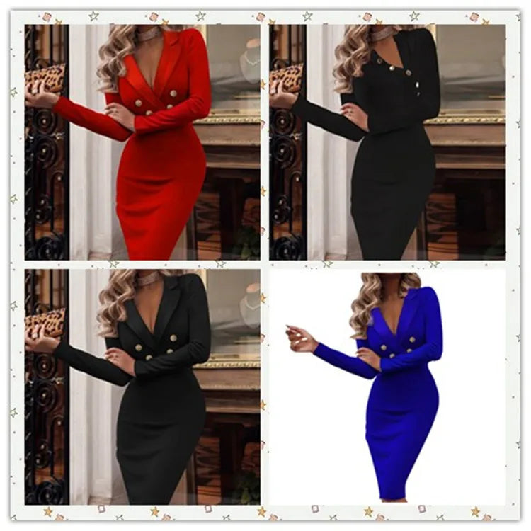 Sexy Deep V-neck Long-sleeved Slim Dress For Women Autumn Winter Fashion Solid Color Office Ladiy Button Hip Dresses Female