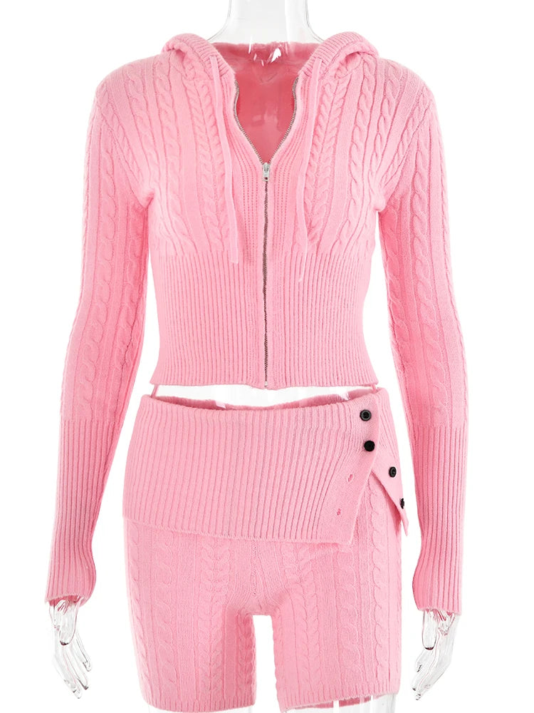 Fantoye Knitted Hooded Two Piece Set Women Sweatshirt Set Long Sleeve Zipper Sweater Short Pant Solid Casual Tracksuit Pant Suit