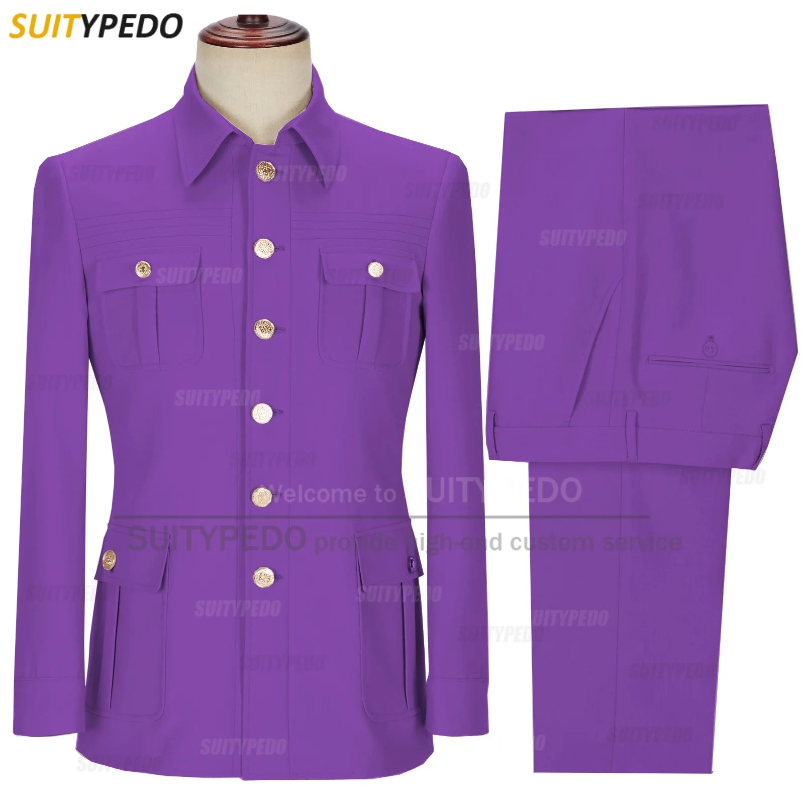 New Arrival  Elegant 2 Piece Slim Fit Men's Suits Fashion Four Pocket Wedding Party Suits（Blazer+Pants) Gold Button Texudos
