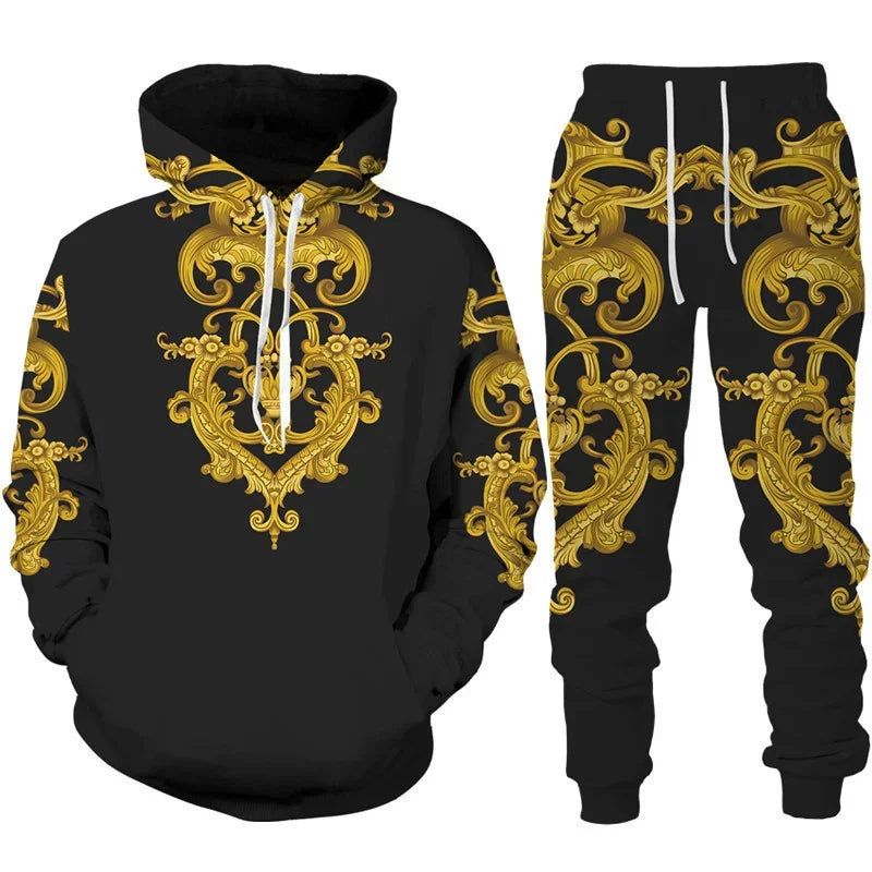 Baroque Court Style Hoodie/Suit Men's Luxury Golden Flower 3D Printed Sweatshirt&Trousers Set Fashion Unisex Streetwear Clothing