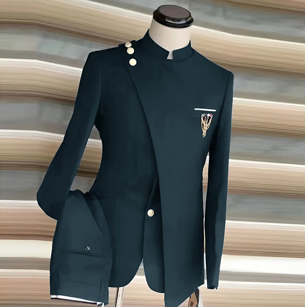 African Style Men's Suit 2 Piece Set Single Breasted Blazer Groom Wedding Tuxedo Gold Button Design Formal Jacket Pants 2 Piece