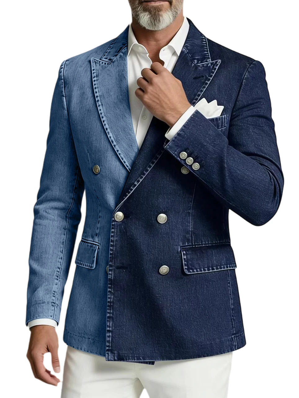 Men Spliced Denim Jacket Peak Lapel Double Breasted Slim Fit Casual Blazer Outing Date Night Trendy Party Fashion Costume Homme