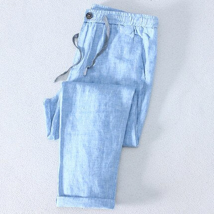 Pure Linen Pants Men Beach Elasticated Waistband Drawstring Chinese Size Thin Casual Trousers Size 36 38