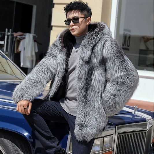 S-6XL Size Fashion Men Jacket Winter Warm Hooded Faux Fox Fur Mink Men's Coat Silver Outdoor Sports Wear Casual Short Parkas