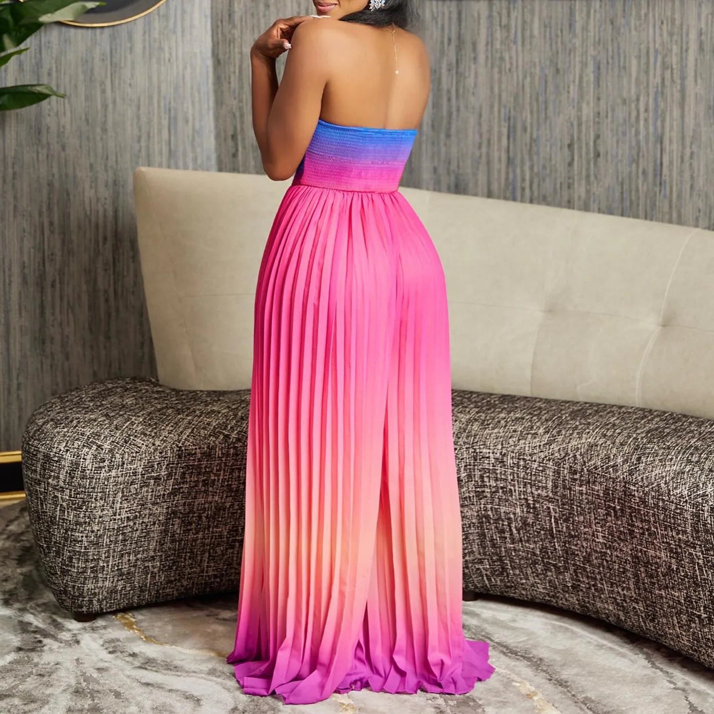 CM.YAYA Women Gradient Sleeveless Pleated Strapless Wide Leg Long Jumpsuits 2024 Summer Beach Fashion Street Sexy Outfit Rompers