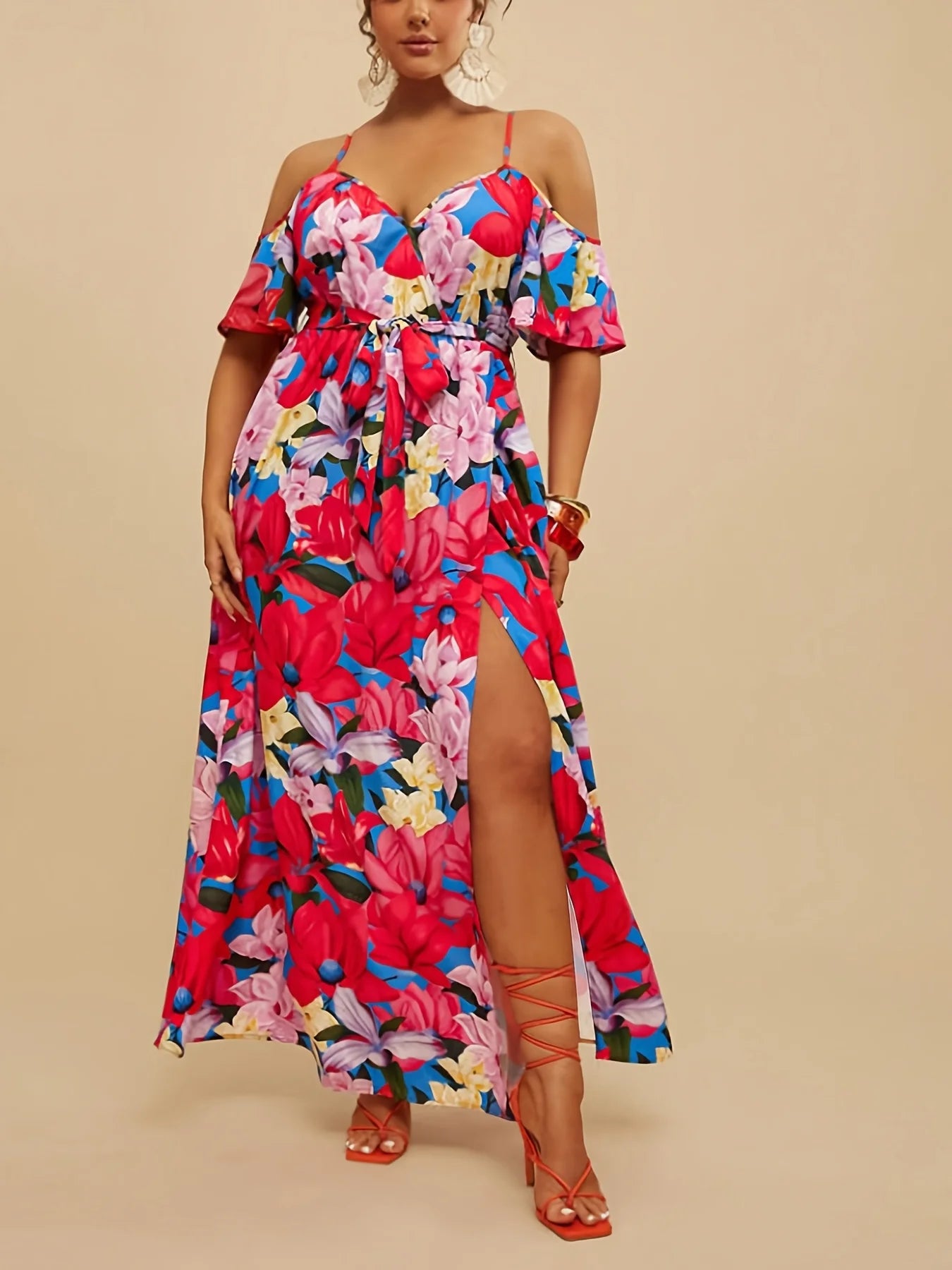 Sommer Neues elegantes schulterfreies, langärmliges Maxikleid in Übergröße, lässiges lockeres, tailliertes Kleid mit sexy Schlitz