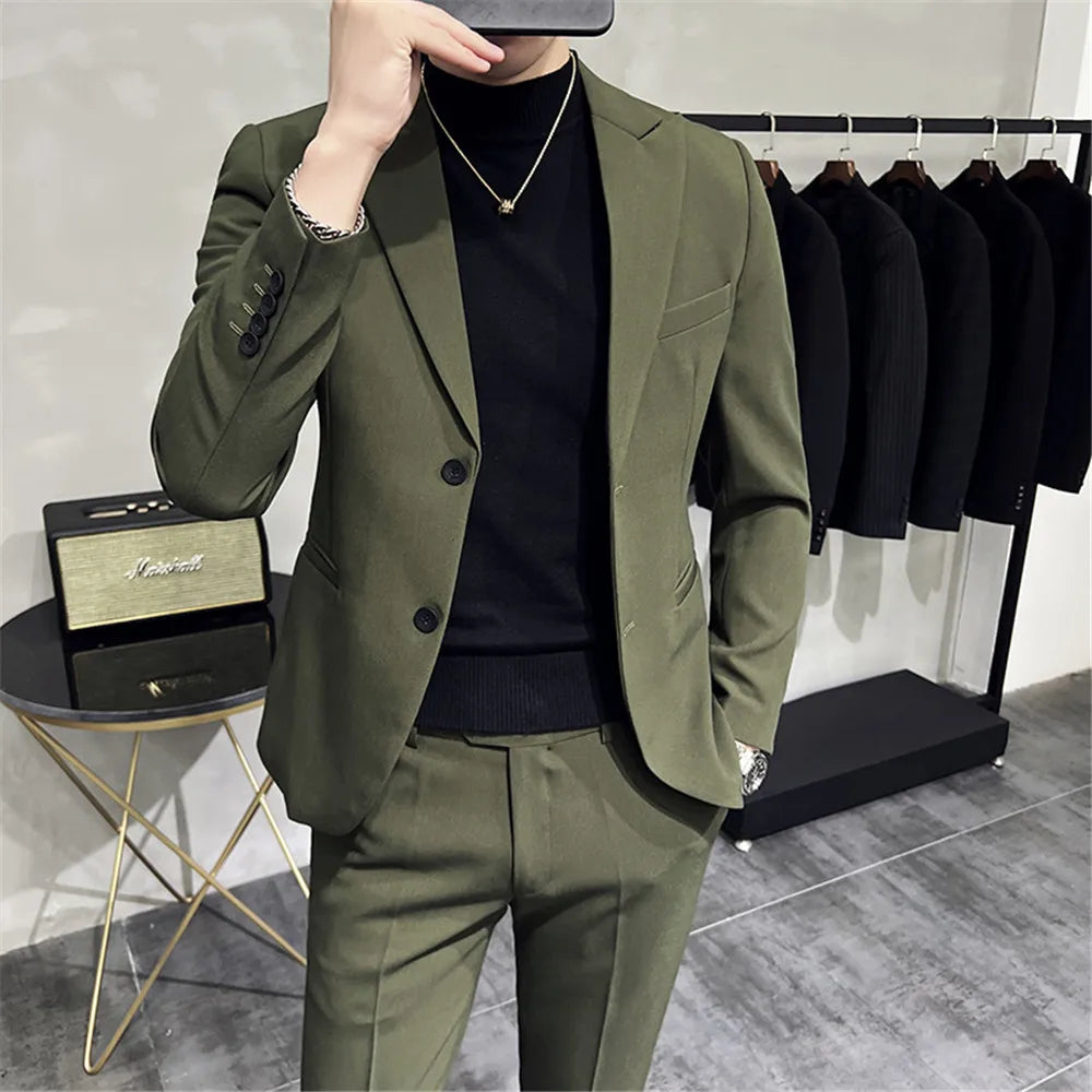 Jasper Men Suite Slim Fit Black Green Casual Summer Suit Jacket Blazer White Navy Blue Pants