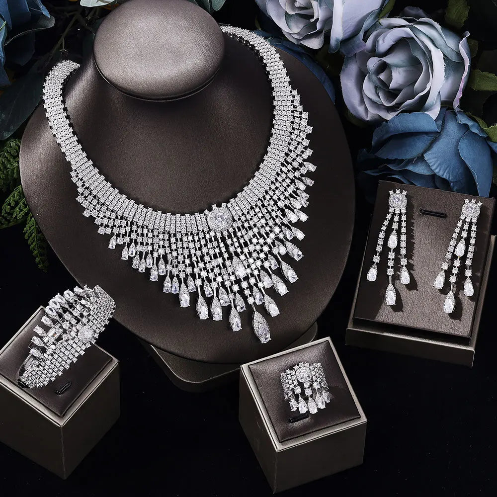 Ingenious Cubic Zirconia Necklace Set For Women Bridal Jewelry Set Saudi Fashion 4PCS Crystal Wedding Jewelry Accessories