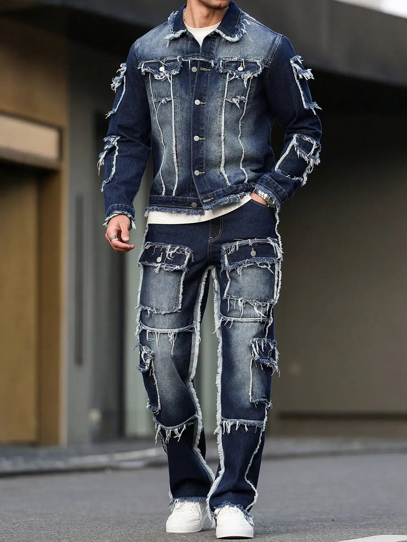 Herren-Frühlings- und Herbst-Denim-Anzug, Multi-Pocket-Design, weite, gerade Hosenform