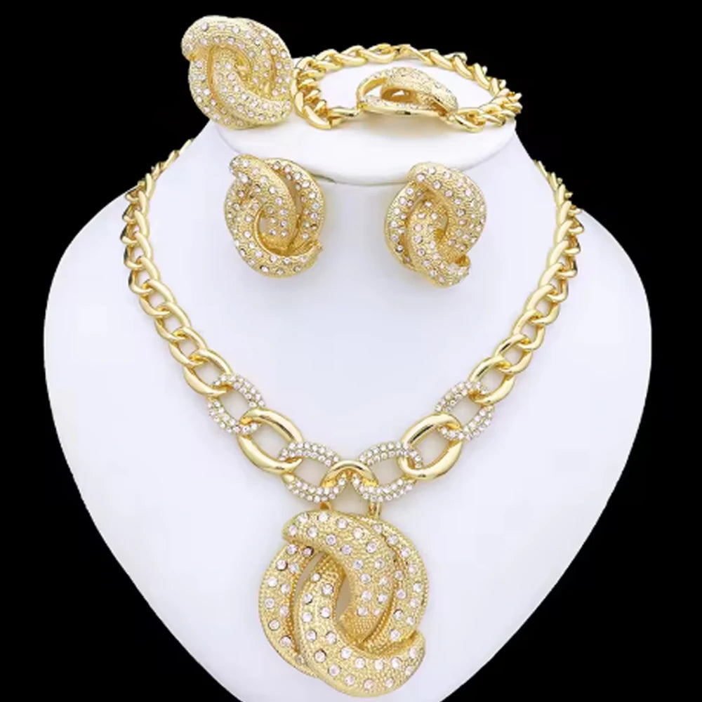Dubai Nigeria Trending Jewelry Set For Women Luxury Design 18K Gold Plated Necklace Earrings Ring Bracelet Wedding Party Gift