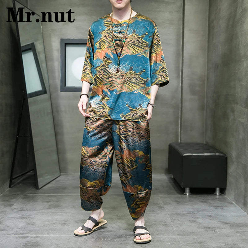 Mr.nut Summer Ice Silk Men's Tang Suit Two Piece Set T Shirt Harem Pants Clothing Women Stylish Vacation Cool Clothes Streetwear