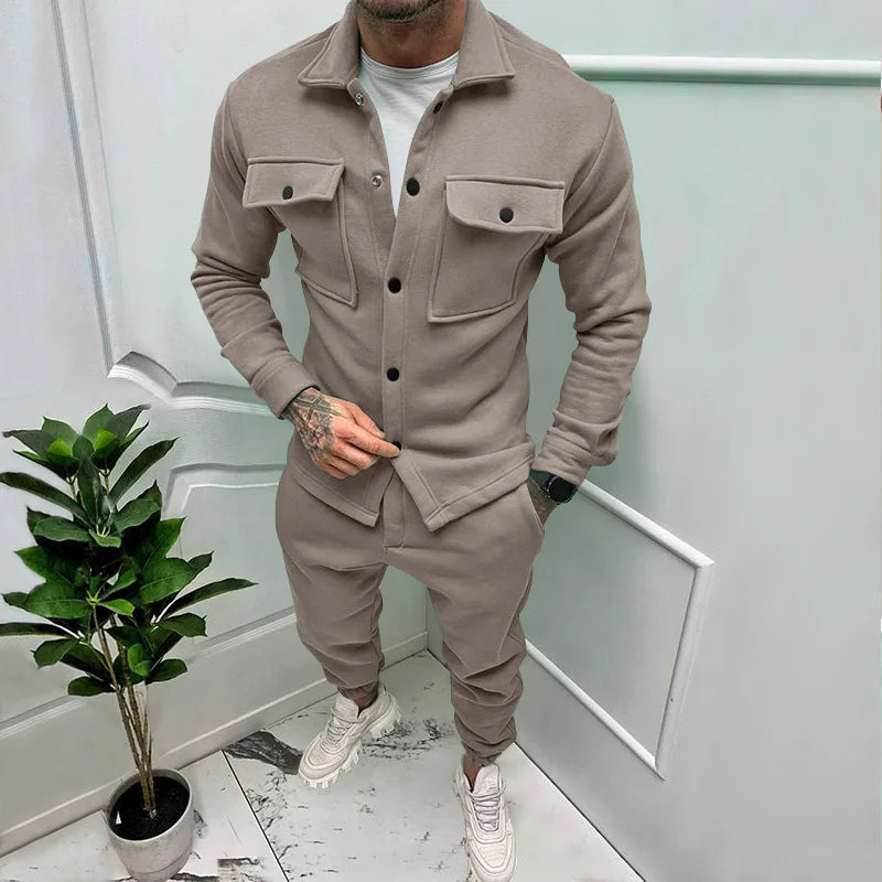 Men's Fashion Suit Autumn Winter Suede Casual Cargo Jacket Pants 2-piece Set  Multi-pocket Design