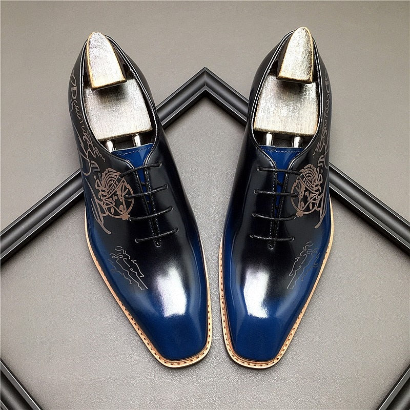 Italy Oxford  Men Dress Shoes Genuine Leather Fashion Wedding Brogue carving blue Lace Up Business Shoes Formal Black Party Shoe