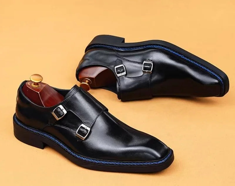 Hochwertige Herrenschuhe aus Rindsleder, eckige Zehenpartie, Doppel-Monk-Strap, Herren-Businessschuhe zum Hineinschlüpfen