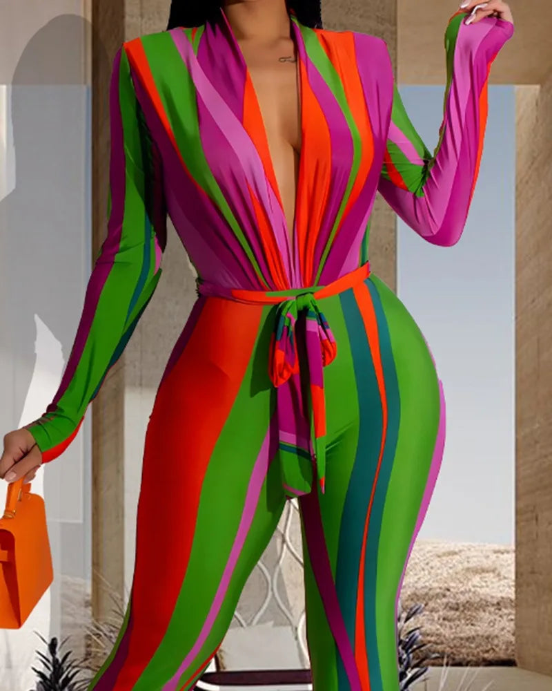 Fashion Jumpsuit Women Elegant Stripe Print Deep V Neck Long Sleeves with Belt Sexy Jumpsuit