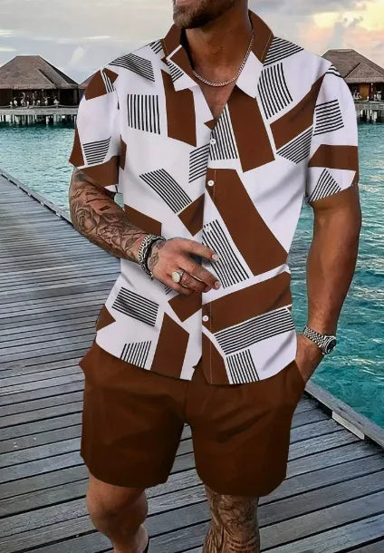 Comfortable Coconut trees leaves color blocking 3D Print shirt +Shorts Two Piece Set Short Sleeve Flip collar shirts half pants