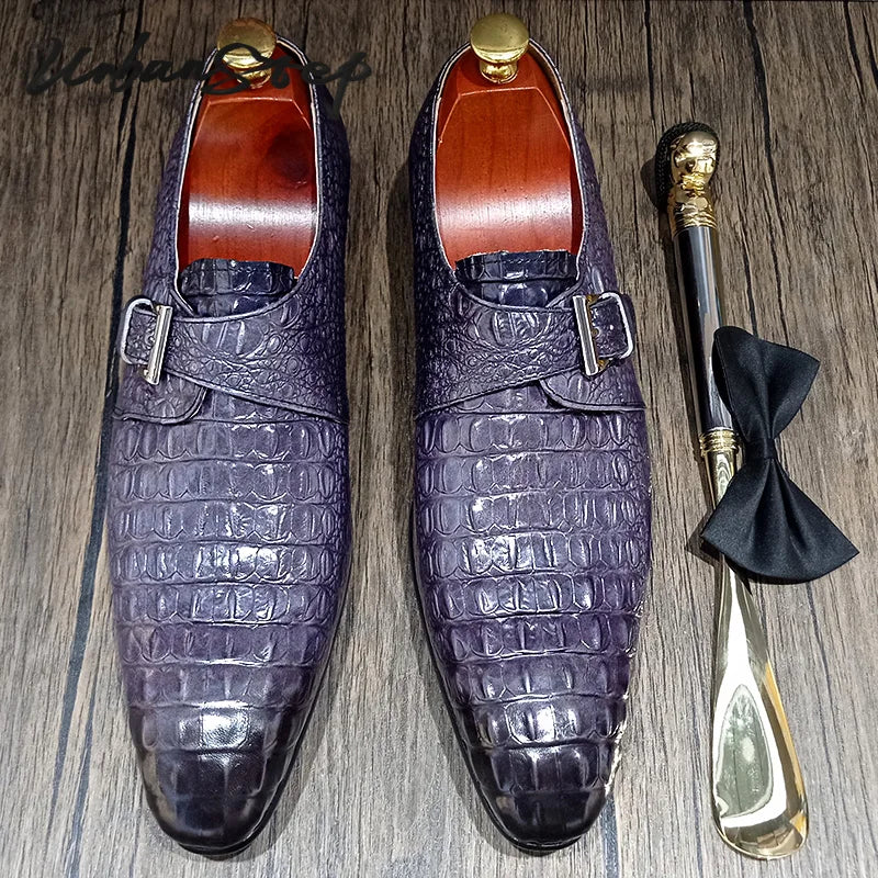 Luxury Men Monk Strap Shoes Gray Black Crocodile Print Loafers Casual Mens Dress Shoes Wedding Office Leather Shoes Men