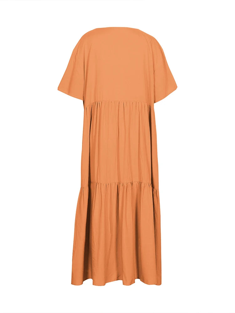 Damen Übergröße Lässiges lockeres V-Ausschnitt Einfarbiges langes Kleid Frühling Sommer Plissee Big Size Damenkleid