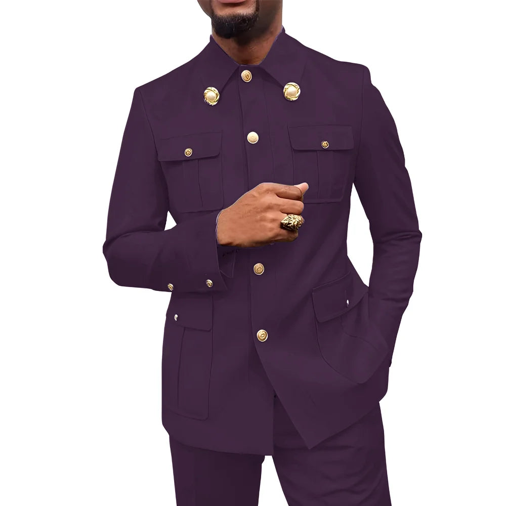 Herren Zweiteiler im afrikanischen Stil, Stehkragen Blazer Hose Bräutigam Hochzeits-Smoking Feiertag Maßanzug Kleid