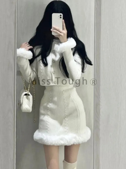 White Sweet Kawaii Two Piece Set Women Korean Fashion Party Mini Skirt Set Female Vintage Elegant Slim Skirt Suit  Autumn