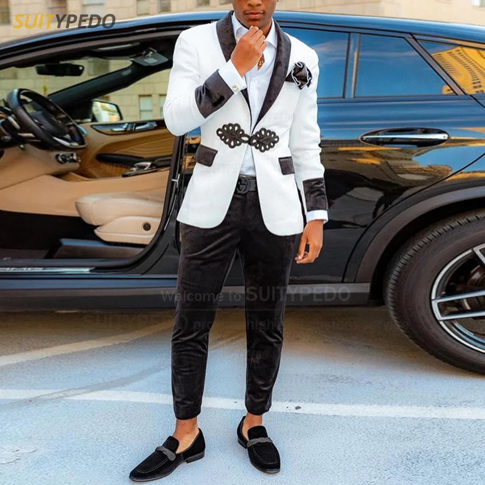 Fashion Black And White Suit For Men 2 Pieces Velvet Lapel Blazer And Pants Sets Casual Young Man Prom Wedding Party Texudo