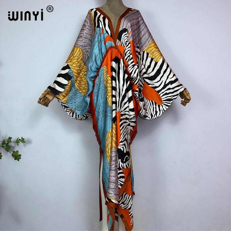 Sexy bech high-quality hand-rolled feel silk rayon fashion print 2021 WINYI Maxi women&#39;s robes long beach V-neck Bohemian dress