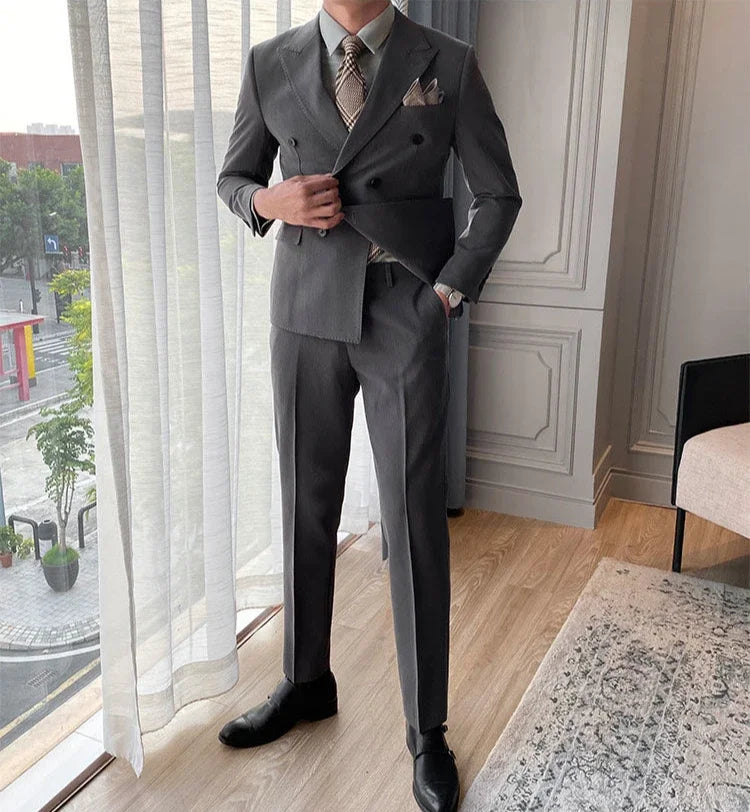 Casual Double Breasted Slim Fit 2 Piece Outfit Set Man Korean High Quality 2024 Full Suit for Men Clothes Gentleman Pants Blazer