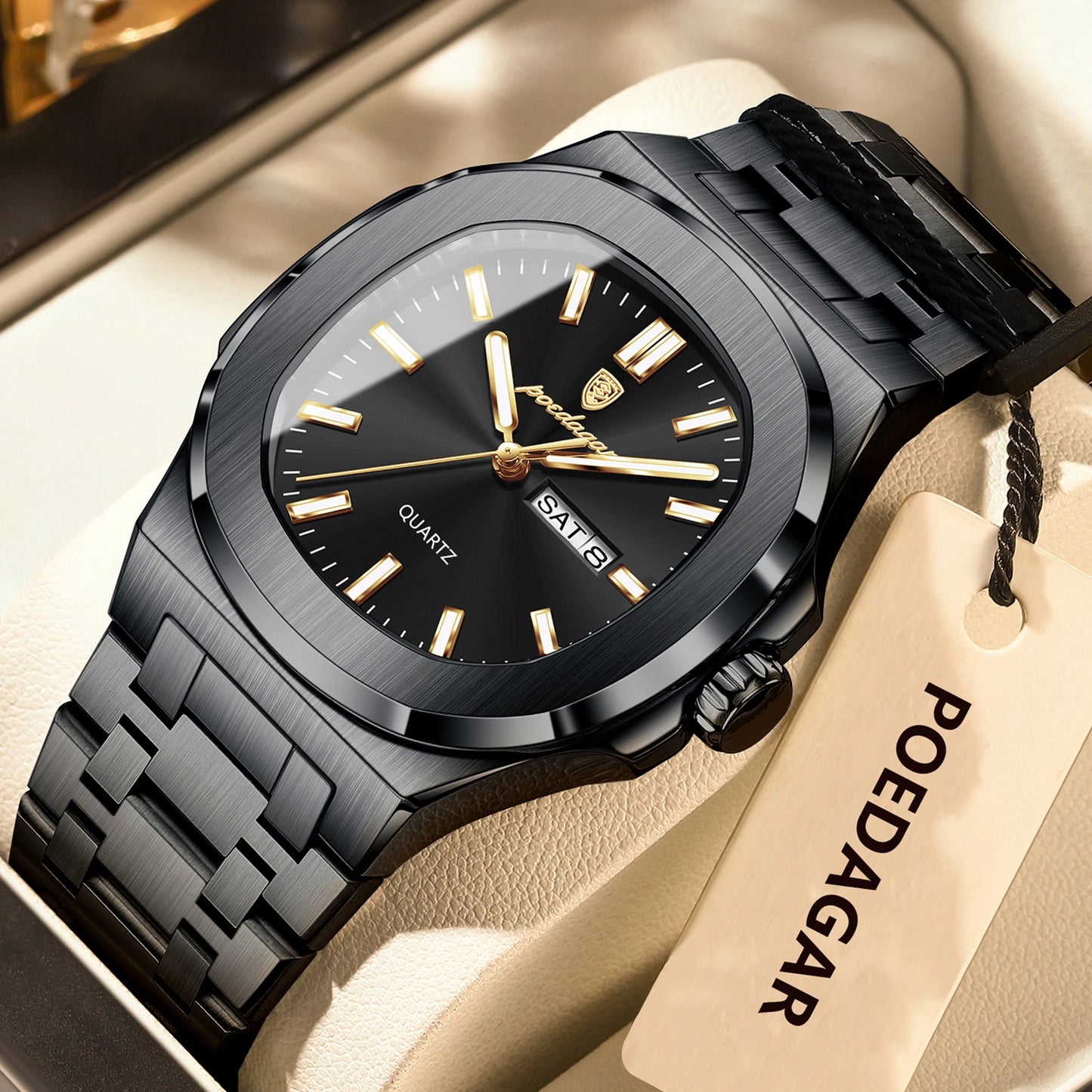 POEDAGAR Luxury Square Men's Watches Waterproof Luminous Date Week Men Watch Stainless Steel Fashion Quartz Man Wristwatch Reloj