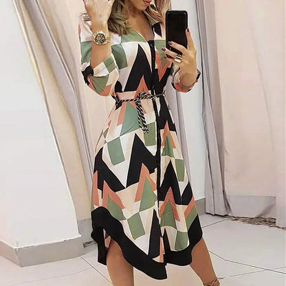 Women's Autumn New Fashion and Elegant Commuter Print V-neck Lace up Long Sleeve Slim Fit Mid length Dress