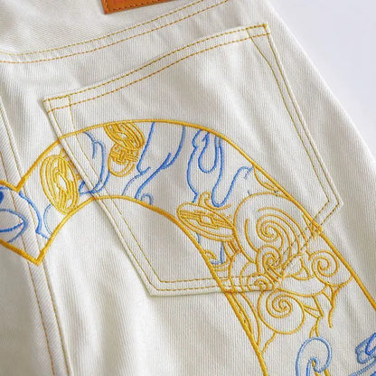 Male Cowboy Pants Beige Embroidery Jeans for Men Straight Trousers Plus Size New in Original Trend  Korean Fashion Regular