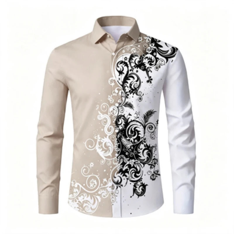 Men's long sleeved shirt, European and American men's printed long sleeved shirt, collared European patterned shirt, trendy casu