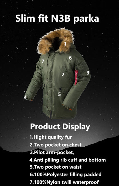 Winter N3B usaf waterproof puffer long coat military fur hood warm tactical bomber army thick us air force parka for men