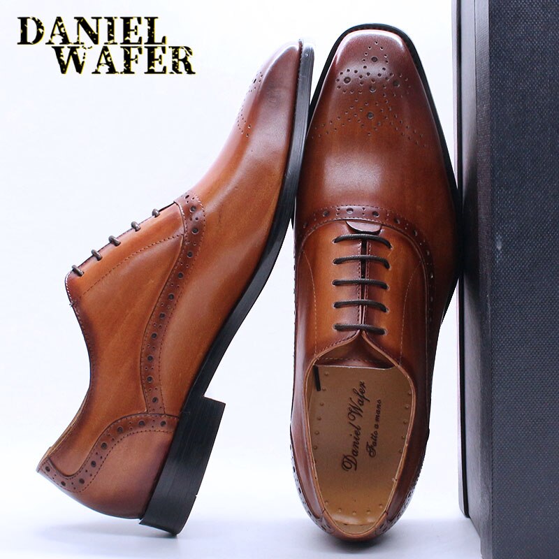 Men&#39;s Luxury Brand Shoes Fashion Brogue Formal Black Blue Lace-Up Wedding Office Dress Genuine Leather Oxford Shoes for Man