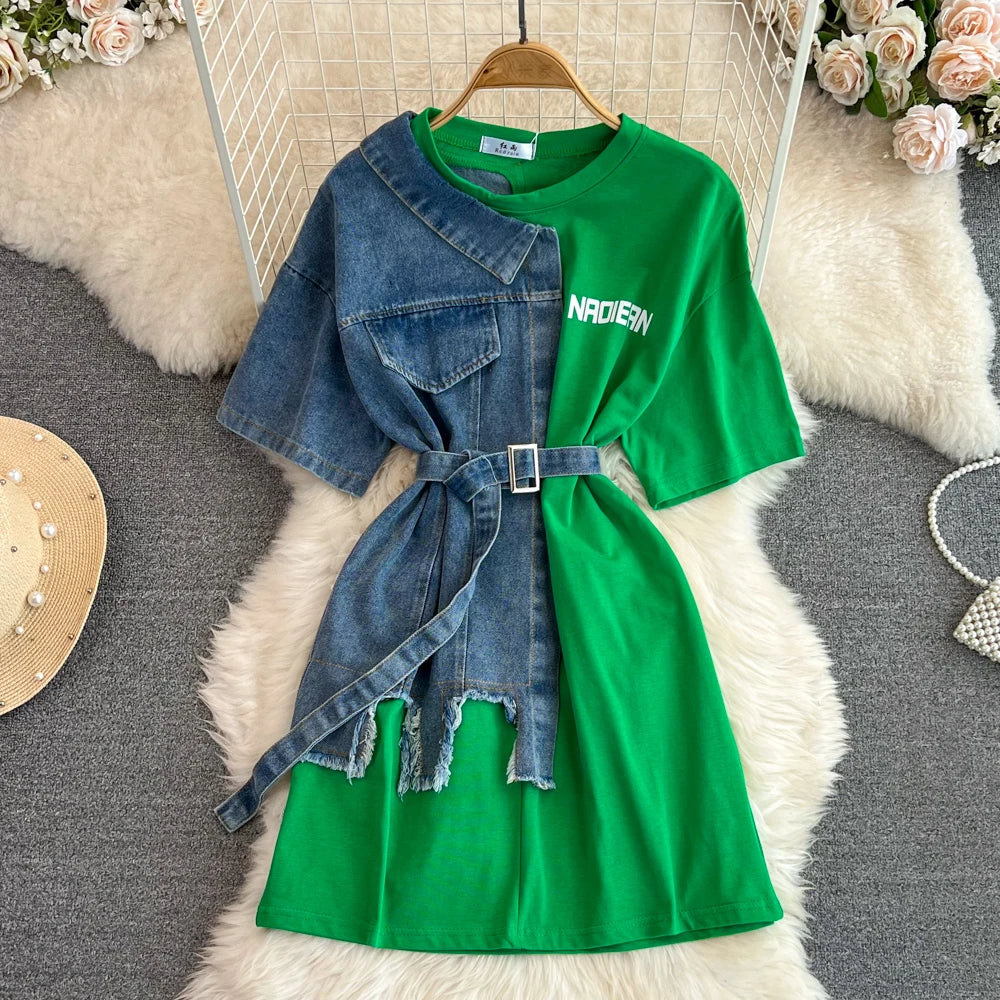 Elegant Summer Women Patchwork Denim Shirts Vintage Casual Slim Blouses Tops with Belted Female Fashion Pullover Clothes New