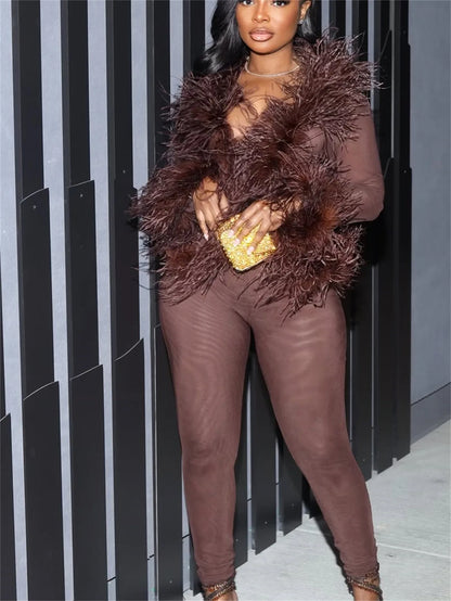 CM.YAYA Fashion Mesh See Though Women's Set Feather Side Long Sleeve Crop Top and Legging Pants  Sexy Two 2Piece Sets Outfit