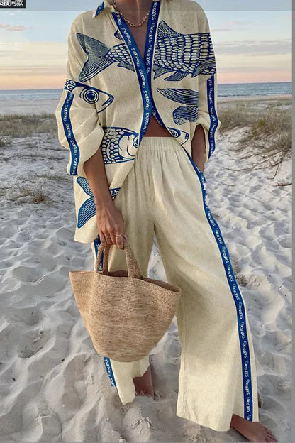 Summer Women New Casual Print Two-piece Set Clothing Seaside Tropical Vacation Style Printed Lapel Shirt + Wide-leg Trousers Set
