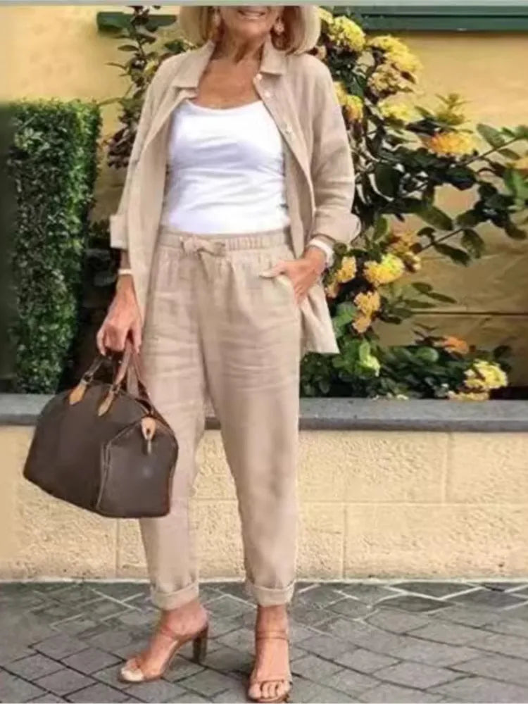 Autumn Spring Casual Suit Women Cotton Linen 2 Piece Set Solid Color Loose Button Shirt + Pants Sets Daily Women's Clothing