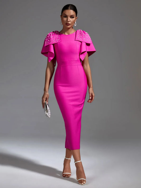 Pink Bandage Dress Women Midi Party Dress Bodycon Elegant Beaded Ruffle Sexy Evening Birthday Club Outfits Summer 2023