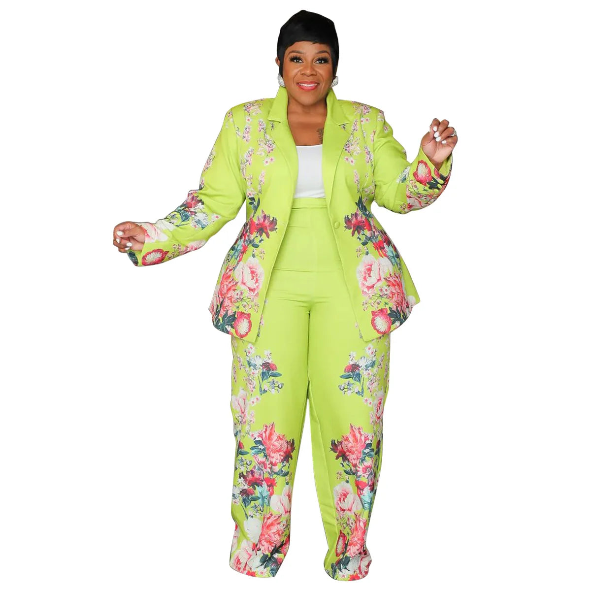 CM.YAYA Plus Size Women's Set Long Sleeve Floral Print Blazer +Wide Leg Pants Suit 2024 Fall Two 2 Piece Set Outfits Tracksuit