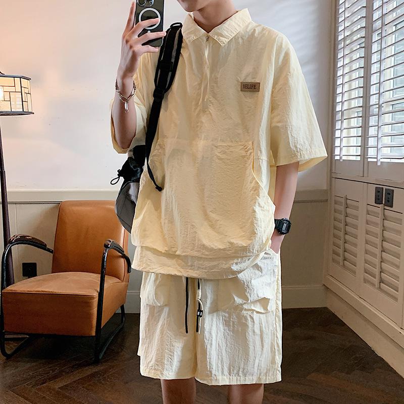 Summer Men&#39;s Cotton Short Sleeve Set Fashion Plain Color Tracksuits Casual T-shirt and Shorts Two-Piece Men Clothing Suit S-XXXL