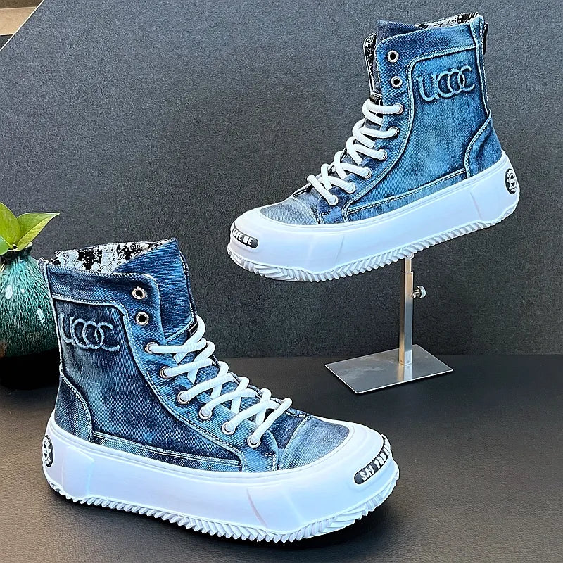 New Arrival Men Fashion Casual Ankle Boots Luxury Designer Youth Trending Denim Thick Bottom Chunky Sneakers Botas Hombre