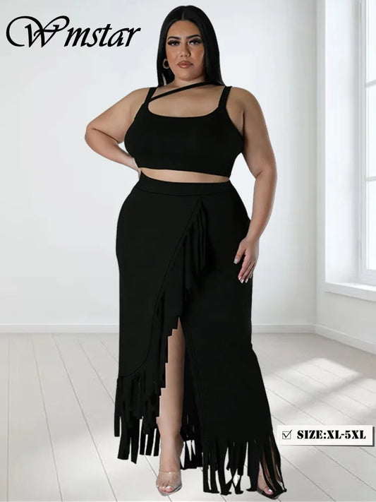 Wmstar Plus Size Two Piece Set Women Summer Sexy Crop Top Long Skirt Sets Tassel Casual Matching Suit Wholesale Drop Shipping