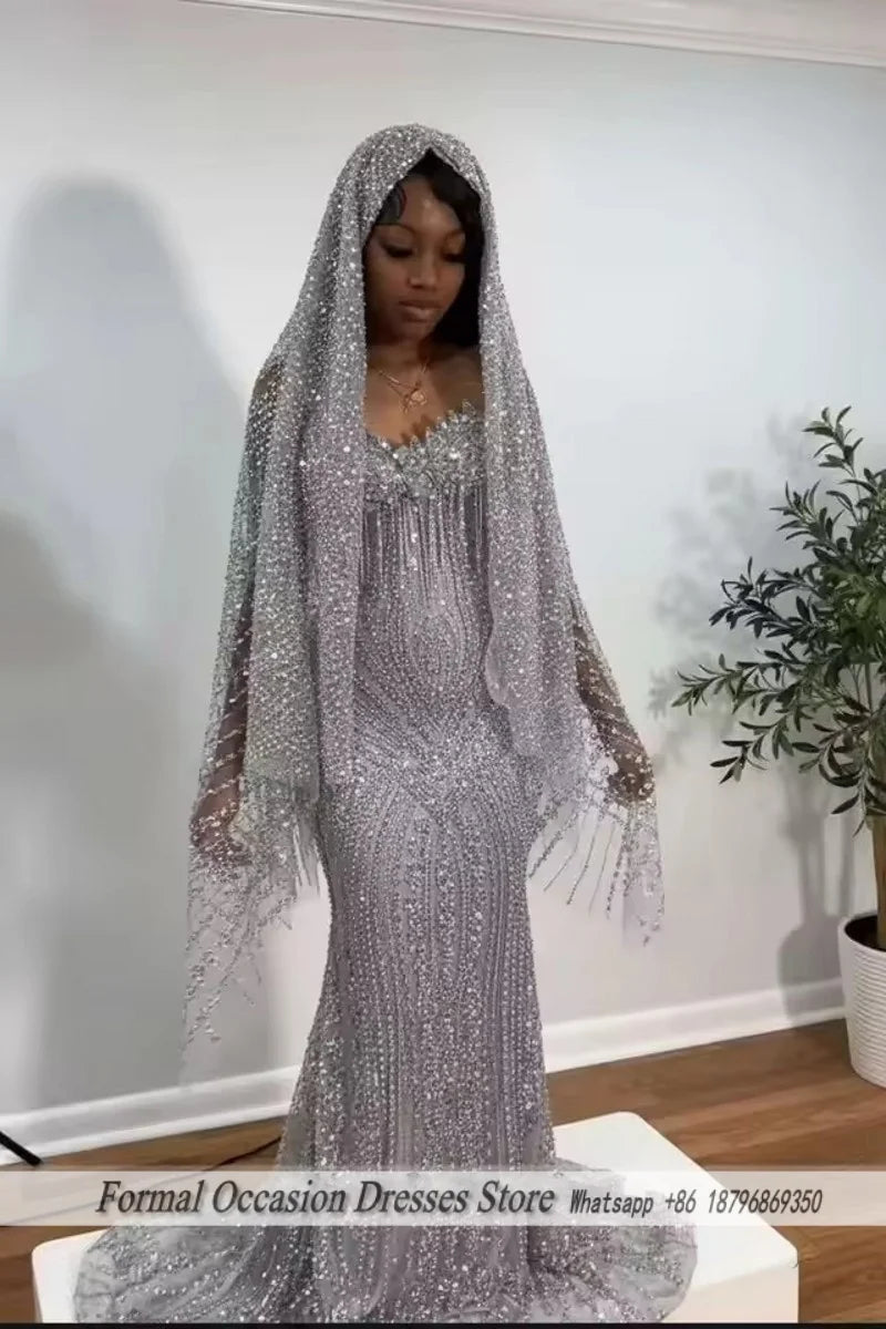 Luxury Red Prom Dresses With Veil 2026 Sequin Beading Black Girls Evening Dress 2025 Sleeveless Birthday Party Gowns Customized