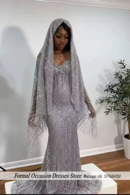 Luxury Red Prom Dresses With Veil 2026 Sequin Beading Black Girls Evening Dress 2025 Sleeveless Birthday Party Gowns Customized